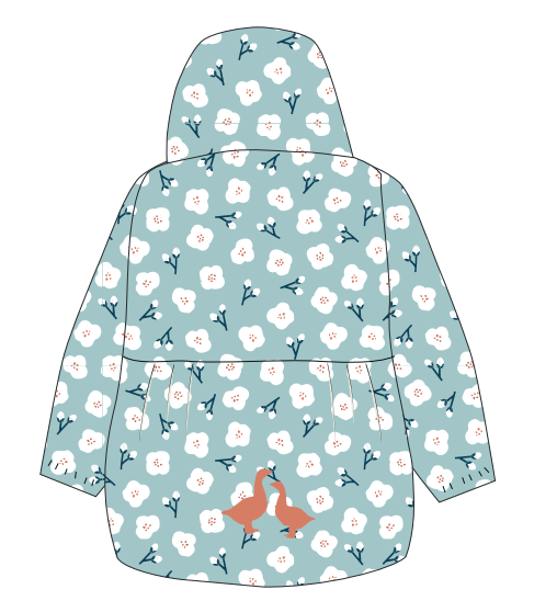 The back of a floral print waterproof kids raincoat with a detachable hood for boys and girls