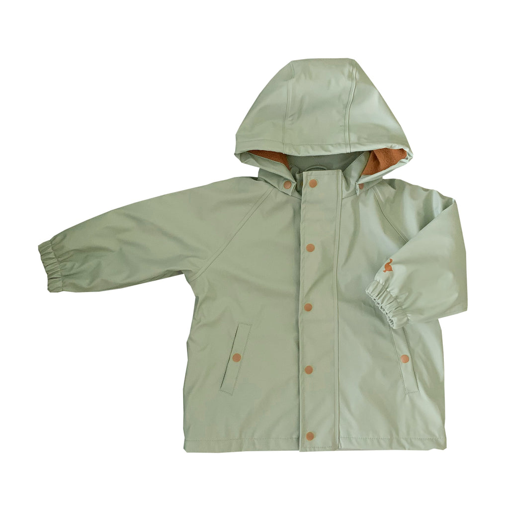 Sage green Goose and Gander waterproof jacket with metal buttons and a detachable hood. 