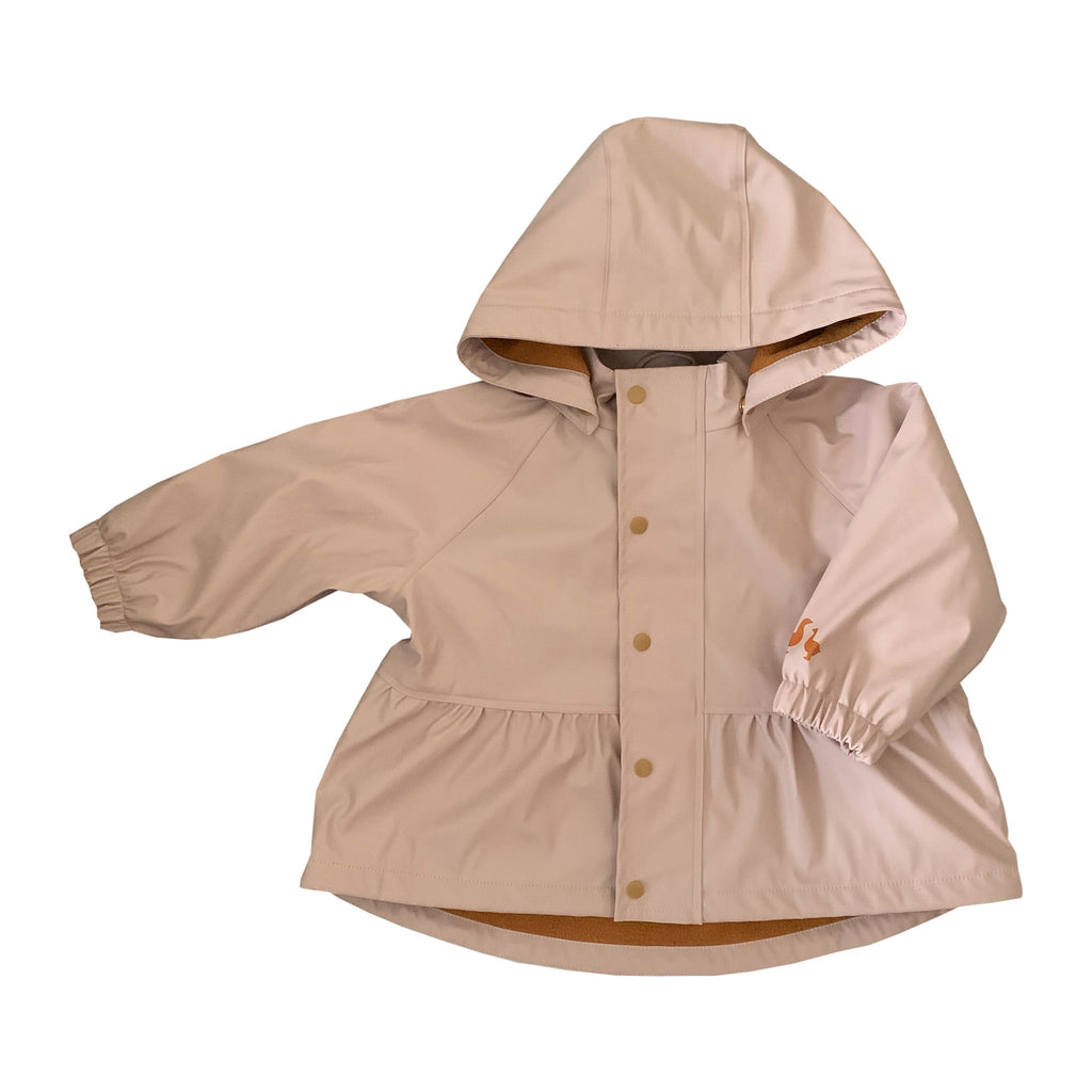 Girl’s Puddle Duck pink waterproof rain jacket with golden buttons and a detachable hood.